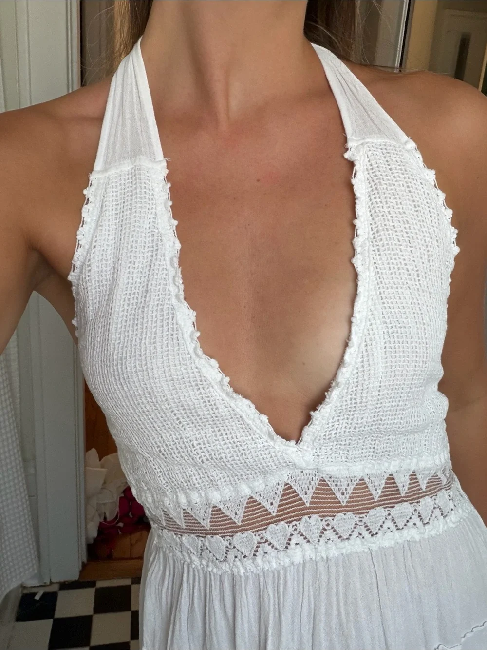 White Halter Crochet Trim Sundress